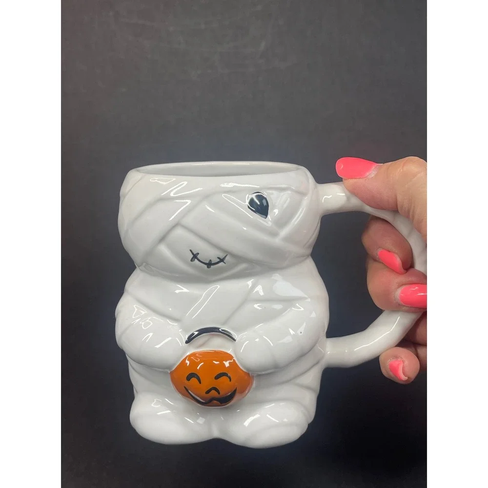 Halloween Mummy Mug Ceramic 16oz Figural Pumpkin Bucket White